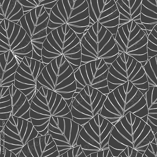 Leaves black ink sketchy seamless pattern. Exotic trees foliage black and white illustration. Monochrome tropical overlapping leafage on white background. Minimalist botanical fabric, wallpaper design
