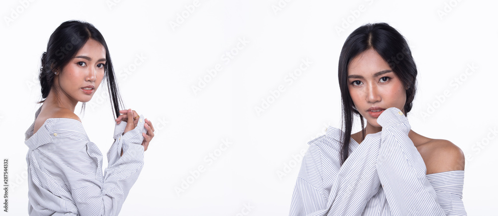 Fashion Young thin Asian Woman Tan skin eyes brown long straight black hair beautiful make up fashion white shirt posing attractive glam look. Studio Lighting white isolated Background, copy space Fashion Young thin Asian Woman Tan skin eyes brown long straight black hair beautiful make up fashion white shirt posing attractive glam look. Studio Lighting white isolated Background, copy space
