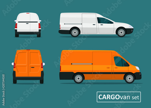 Cargo van set. Side view and back view. Vector flat style illustration.