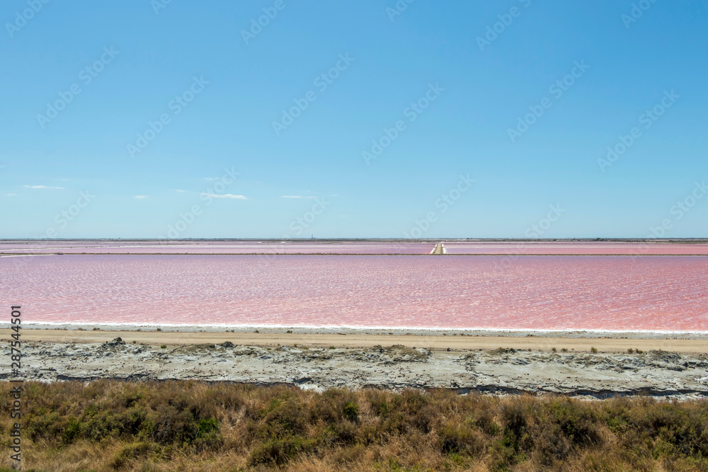 The Salin-de-Giraud salt farm with pink purple salty sea water with algae, salt mining in Europe The Salin-de-Giraud salt farm with pink purple salty sea water with algae, salt mining in Europe