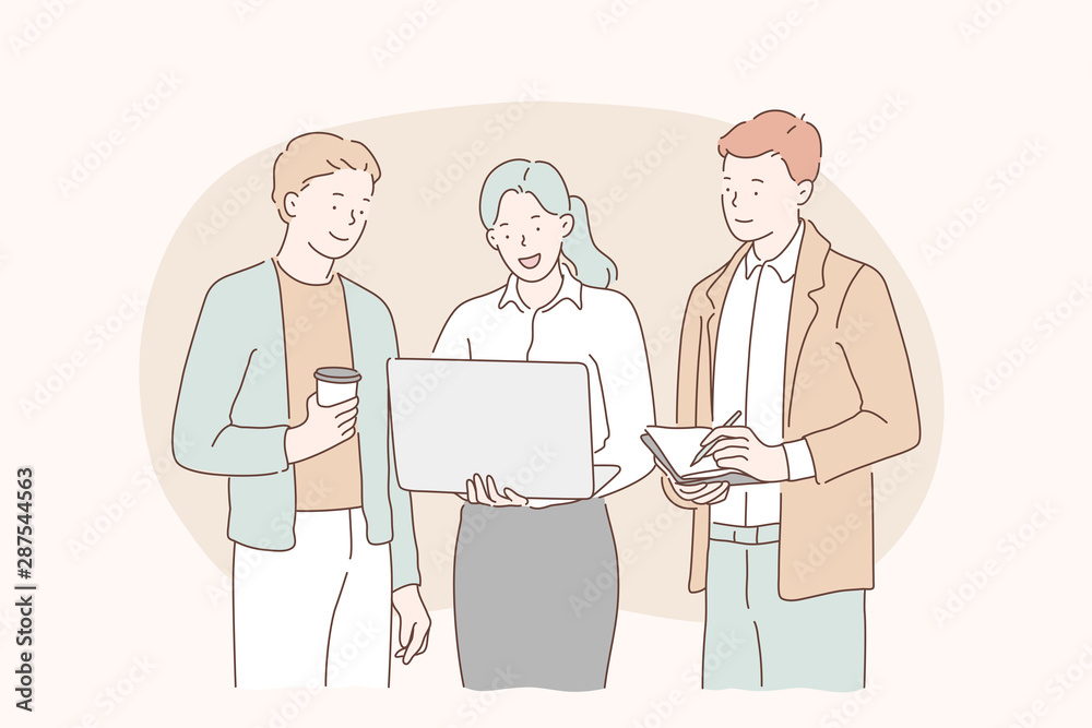Team meeting, teamwork, team spirit concept. Happy business people talking and working at office. Simple flat vector. Team meeting, teamwork, team spirit concept. Happy business people talking and working at office. Simple flat vector.