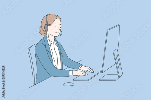 Call center service concept. Friendly operator woman agent with headsets working in a call centre. Young consultant of customer support or sales agent in headphones. Simple flat vector.