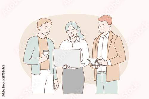 Team meeting, teamwork, team spirit concept. Happy business people talking and working at office. Simple flat vector.