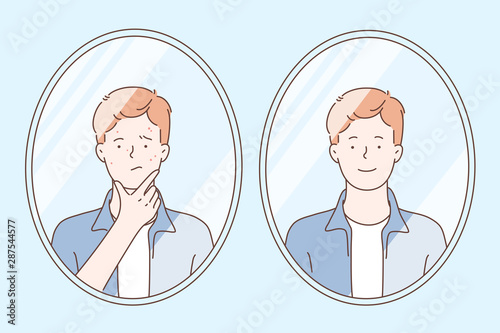 Skin care concept. Teenager before and after acne treatment procedure. A young guy, looking at the reflection of his face in the mirror in the bathroom. Simple flat vector.