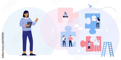 Teamwork metaphor. Business team. puzzle elements. Vector illustration flat design style. Symbol of cooperation, partnership. Ethnic business people group. Office workers talking with manager, boss.
