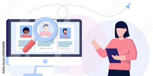 Job agency flat vector illustration. Employee headhunters persons concept. Professional work search and offer service company. Recruitment industry occupation for human resources. CV application