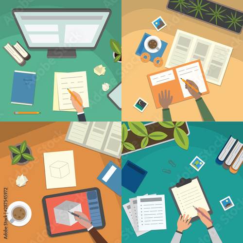 Study table and work desktop vector illustration set. school lesson studying and educational elements top view.