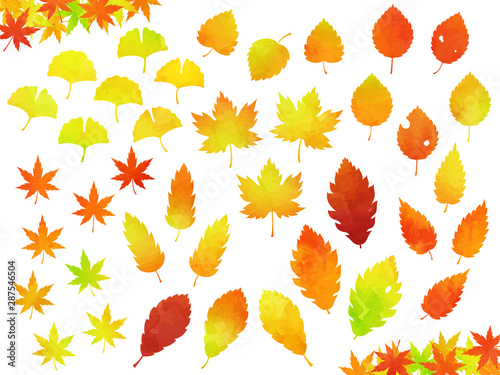 水彩風の色々な紅葉した葉のイラストセット