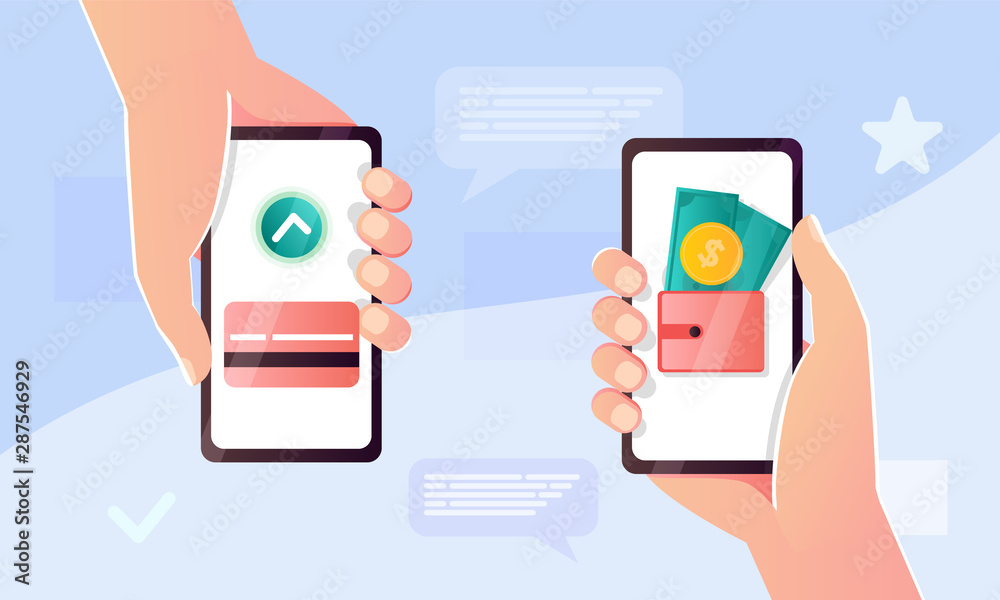 Flat vector illustration of Mobile payment transfer. People sending and receiving money wireless with their mobile phones. Hands holding smartphones with online banking payment apps. Mobile wallet