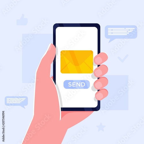 Hand holding smartphone with new message notification on screen. Mobile phone alert about new email. Send message, news, image, like, sms. Sharing multimedia, Vector cartoon design isolated