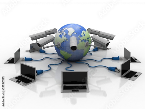 3d rendering Computer network with cctv camera