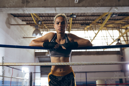 Portrait of boxer leaning on rope in boxing ring photo