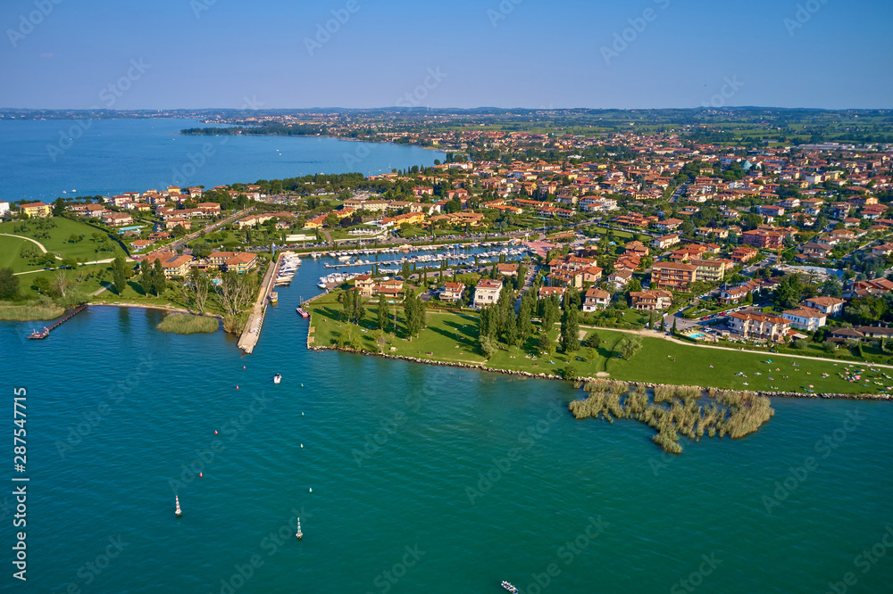 Panoramic view of the boat parking Sirmione 2. Aerial view.