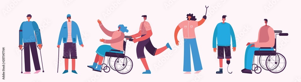 Disabled people, young invalid persons, men and women with physical disorder or impairment. Flat cartoon characters. - obrazy, fototapety, plakaty 