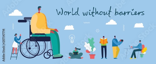 Vector background with disabled people, young invalid persons and men online education system. World without barriers. Flat cartoon characters.
