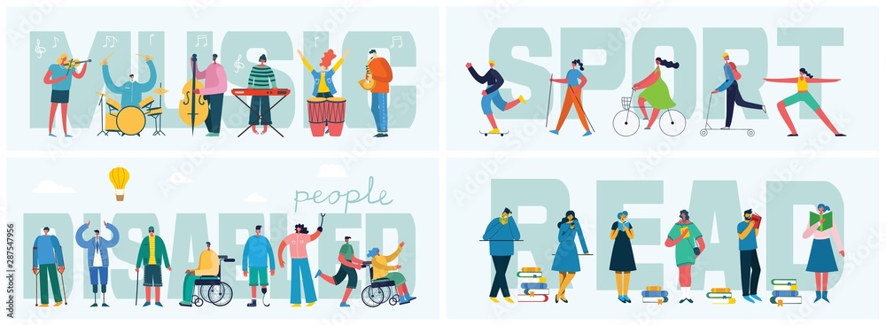 Vector illustrations of thesocialconcept business people in the flat style. Sport, Music, Read and Disabled people concept