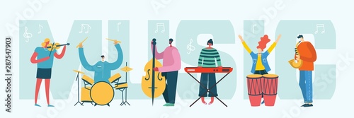 Vector Music background in a flat style of group of singing, playing drums, piano, saxophone and other music instrument people