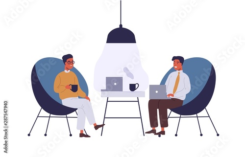 Business lounge zone flat vector illustration. Coworkers having lunch break at office relax area. Businessmen cartoon characters coworking. Colleagues talking, working together isolated clipart.