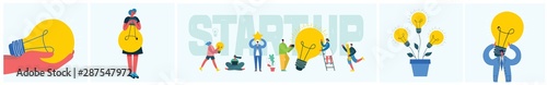 Vector concept illustration business backgrounds of Start Up with light bulbes in the flat style.