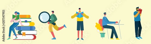 Vector illustration of the education concept.Different student characters who study in school or university