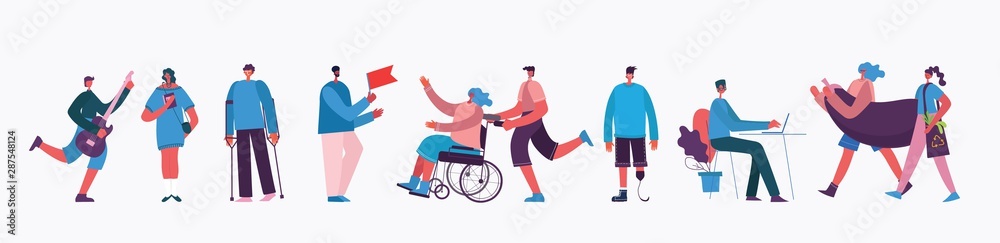 Vector illustration in a flat style of different activities people with smarthones, disabled man, dancing, walking, doing business, reading books, playing musical instruments Vector illustration in a flat style of different activities people with smarthones, disabled man, dancing, walking, doing business, reading books, playing musical instruments