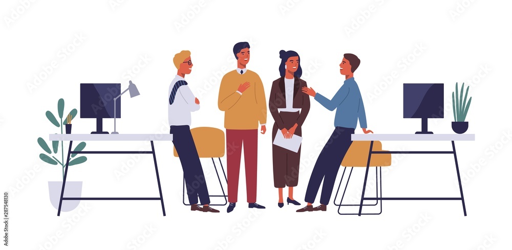 Colleagues in office flat vector illustration. Coworkers relaxing, chatting  cartoon characters. Corporate worker, business people communicate.  Coworking open space isolated clipart on white background Stock Vector |  Adobe Stock