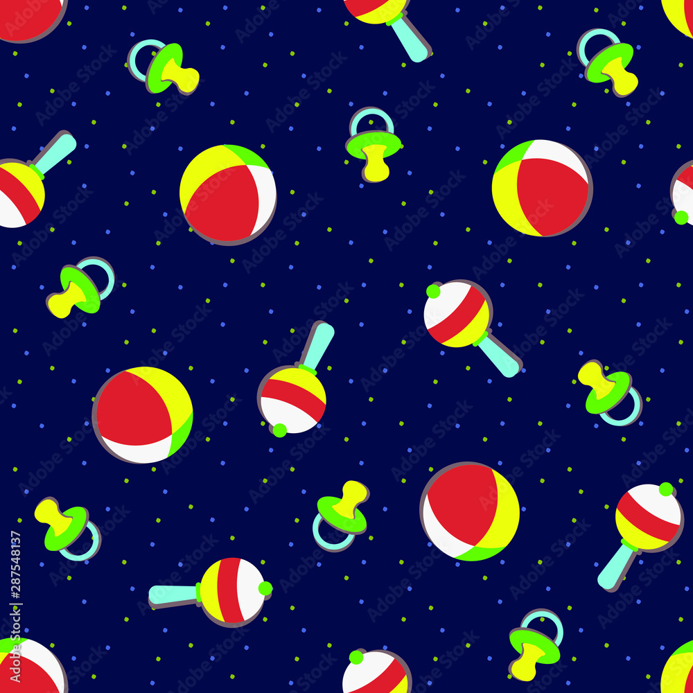 Bright neon children's toys: a ball, a pacifier, rattle on a dark background - seamless vector pattern