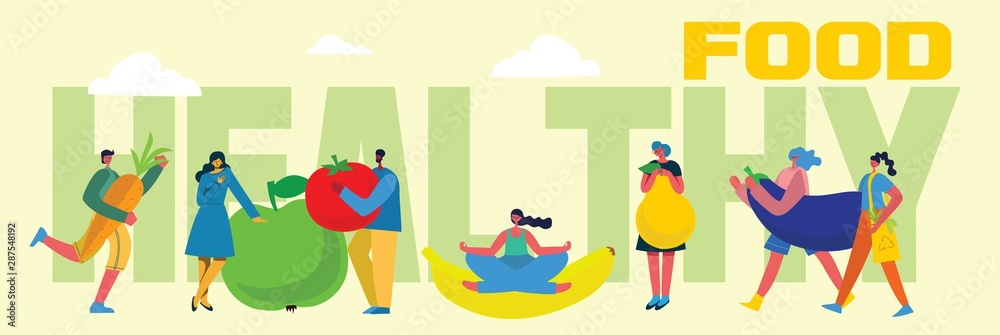 Vector illustration Healthy Food concept for website and mobile website development. People with the different fruits and vegetables.