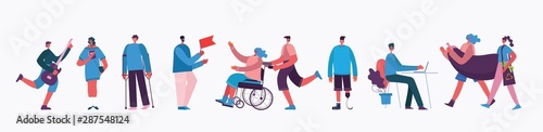 Vector illustration in a flat style of different activities people with smarthones, disabled man, dancing, walking, doing business, reading books, playing musical instruments