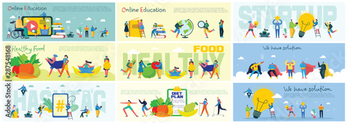 Vector illustration of concept of Online education, We have solution, Hashtag, Healthy food, Diet plan in flat design