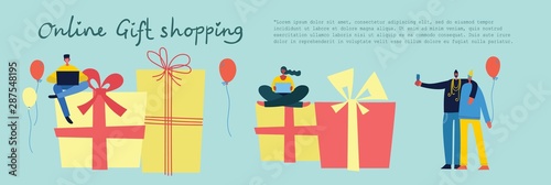 Vector cartoon illustration of Online Gift shopping. Mobile online shopping illustration and smartphone online shop in the flat style.