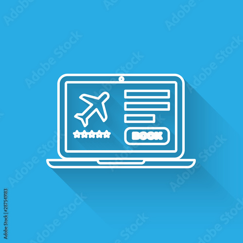 White line Laptop with electronic boarding pass airline ticket icon isolated with long shadow. Passenger plane mobile ticket for web and app. Vector Illustration