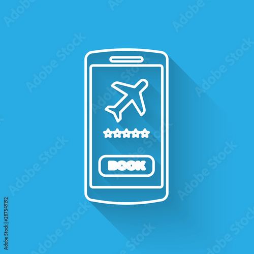 White line Smartphone with electronic boarding pass airline ticket icon isolated with long shadow. Passenger plane mobile ticket for web and app. Vector Illustration