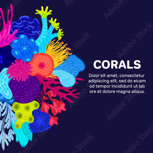 Vector composition of corals. Background with colorful sea or ocean life. Template for cover, invitation, banner, brochure, flyer, label, header. Advertising of water park, aquarium, marine exhibition