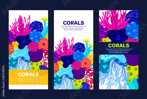 Vector composition of corals. Background with colorful sea or ocean life. Template for cover, invitation, banner, brochure, flyer, label, header. Advertising of water park, aquarium, marine exhibition
