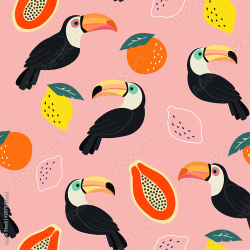 Trendy pattern with toucan and abstract tropical fruits. Vector seamless texture. 