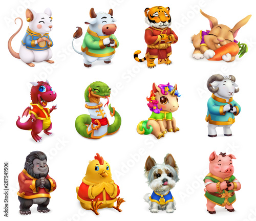 Funny animal in the Chinese zodiac, Rat, ox, tiger, rabbit, dragon, snake, horse, sheep, monkey, rooster, dog, pig. Chinese calendar, 3d vector icon set