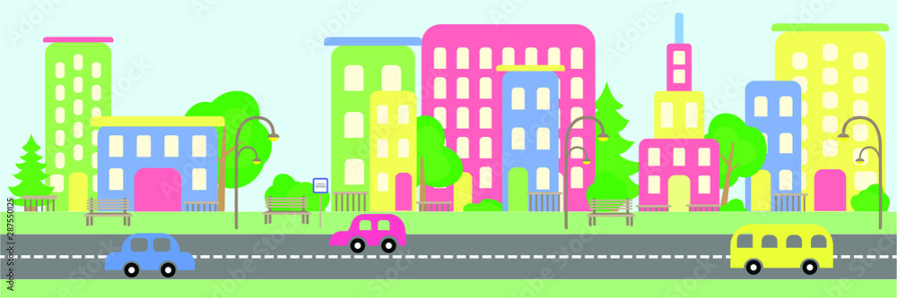 Buildings, cars, trees, a road on a city street. Primitive flat illustration
