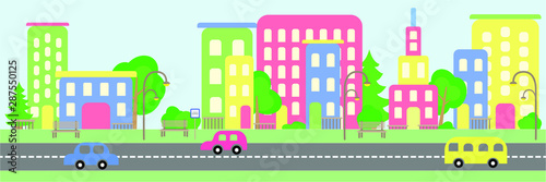 Buildings  cars  trees  a road on a city street. Primitive flat illustration
