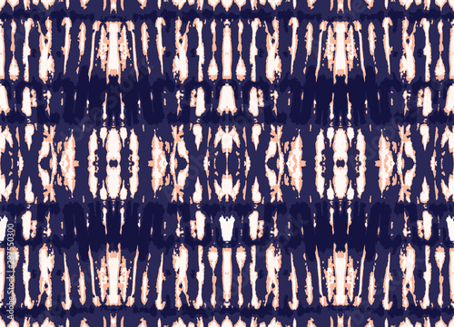 Coral Colored Bright Tie-Dye Shibori Mirrored Vertical Stripes on Indigo Background Vector Seamless Pattern