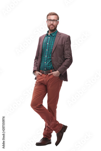 in full growth. serious hipster man with glasses. isolated on white