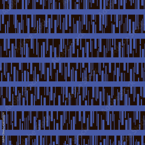 Pattern with horizontal thick textured stripes. Background with parallel short lines of different lengths and widths. Ornament with long horizontal stripes of short irregular lines. Barcode-like print