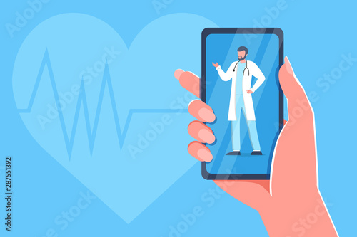 Online medical consultation and support. Online doctor, cardiology. Healthcare service, Ask a doctor. Family doctor with stethoscope on the phone screen. Vector for clinic web site, app, banner, flyer
