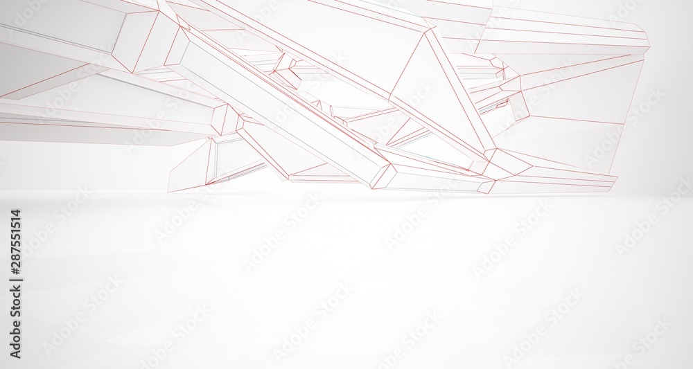 Abstract architectural white interior of a minimalist house with large windows. Drawing. 3D illustration and rendering.