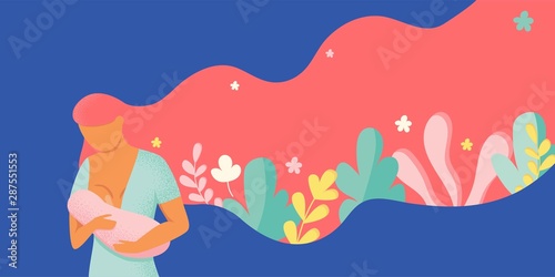 Young woman breastfeeding her newborn baby holding and nursing him in hands. Lactation concept. Breast feeding week banner, happy mother day clip art. Child drinks milk from the female breast