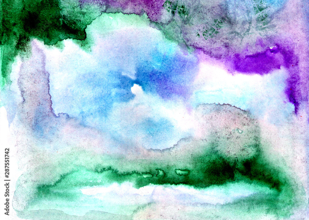 Beautiful abstract smudges of blue, green, turquoise white and violet colors in hand painted watercolor background design