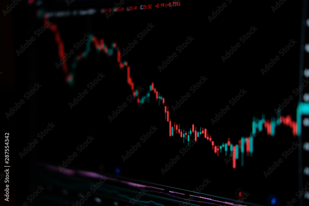 Bearish downtrend candlestick pattern on stock market trading chart with indicators