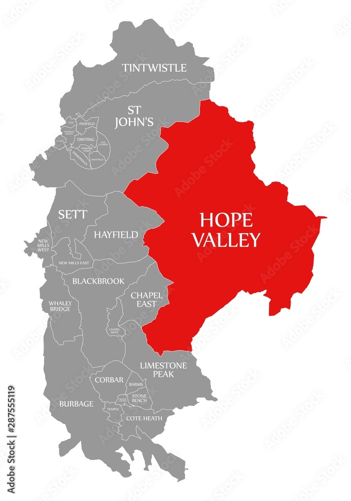 Hope Valley red highlighted in map of High Peak district in East Midlands England UK