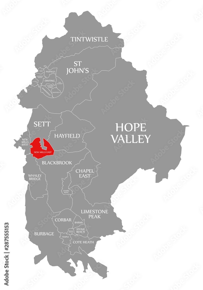 New Mills East red highlighted in map of High Peak district in East Midlands England UK