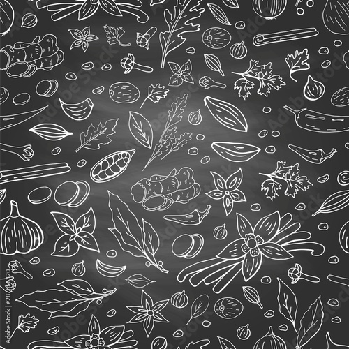 Black and white seamless pattern with different spices on black background. Asian (indian) spices collection on chalkboard.